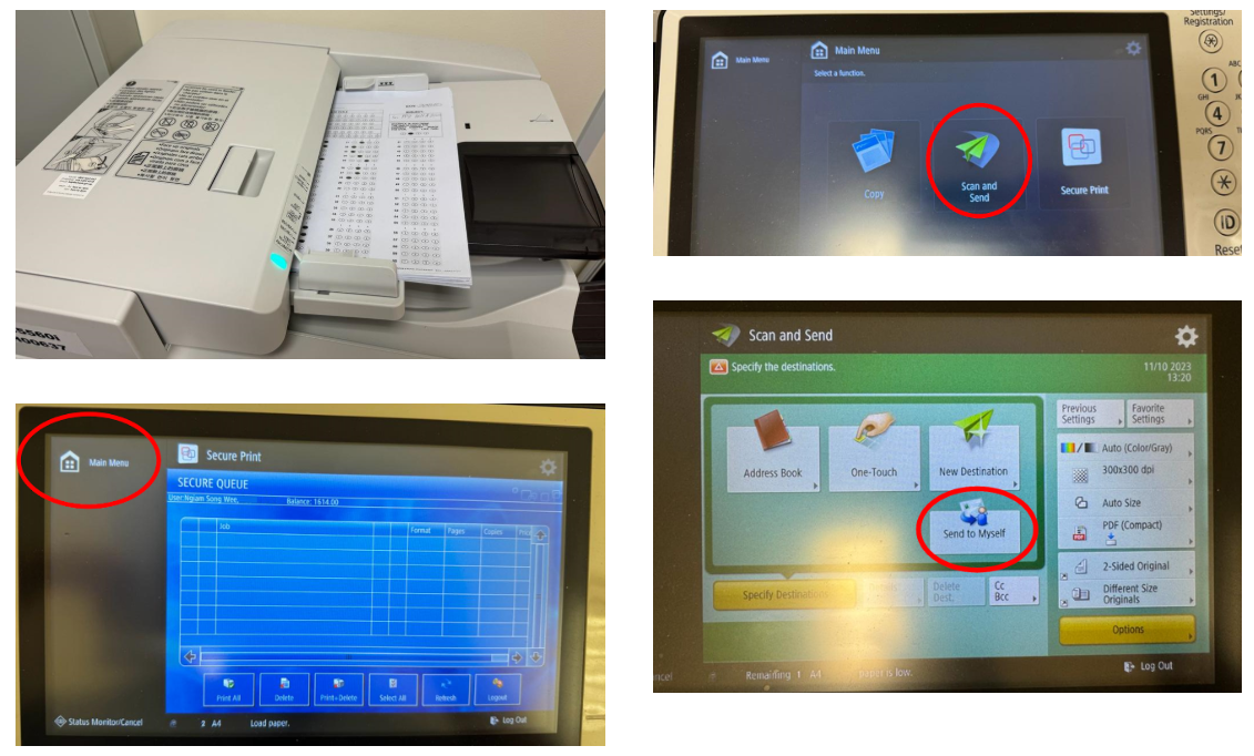 Canon Scan and Send workflow: feeder, Main, Scan and Send, Send to Myself