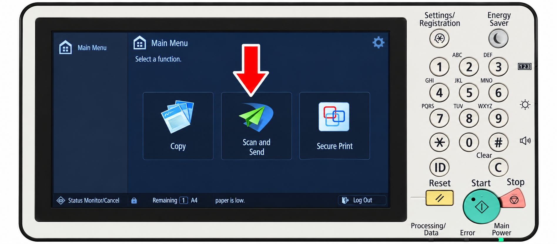 Arrow pointing to the Scan and Send tile