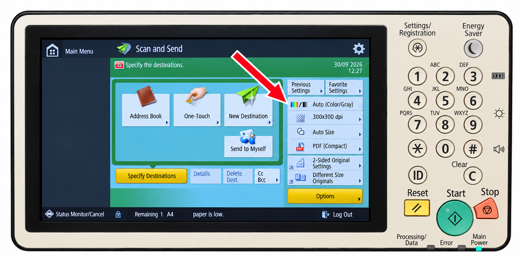 Arrow pointing to the Auto (Color/Gray) setting