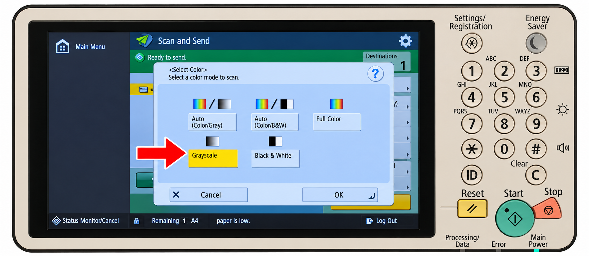 Arrow pointing to Grayscale in the Select Color dialog; OK is at the bottom right
