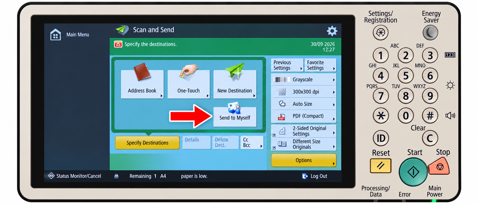 Arrow pointing to Send to Myself with Grayscale selected